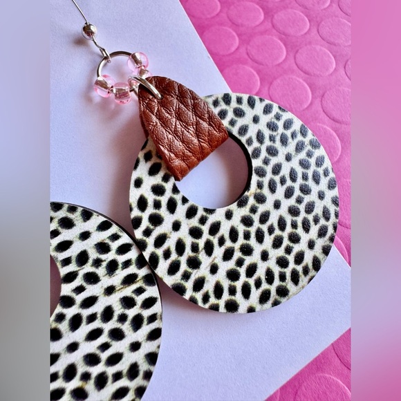 New Black & White Dots Wooden Circle w/ Leather & Beads Earrings - 2.75” - Picture 3 of 5